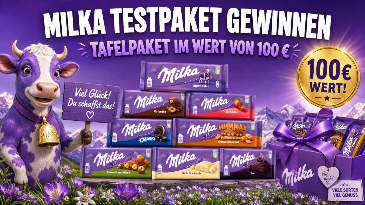 Milka Testpaket 2026 — gratis Schokolade probieren mit Tender, Naps und Sensations